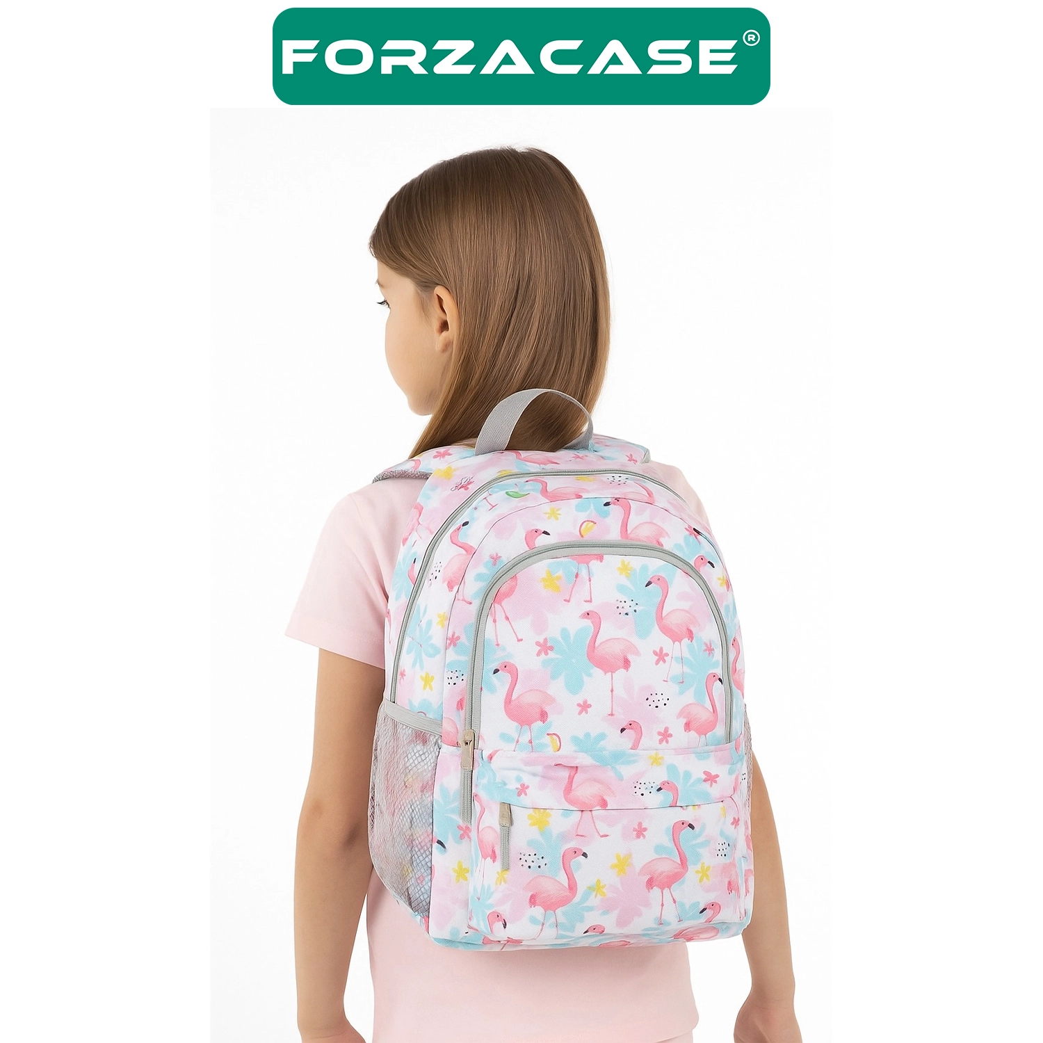 Forzacase 3 Bölmeli Askılı Çocuk Okul Çantası ve Kalemlik Seti Flamingo Tasarım Sırt Çanta - FC1110