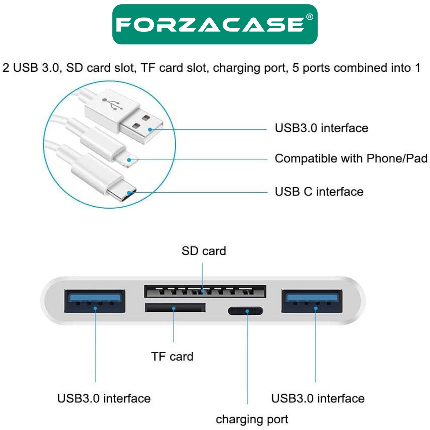 Forzacase 5in1 USB 3.0 Lightning Type-C to SD-TF Kart Okuyuculu USB Kamera Adaptörü - FC1115