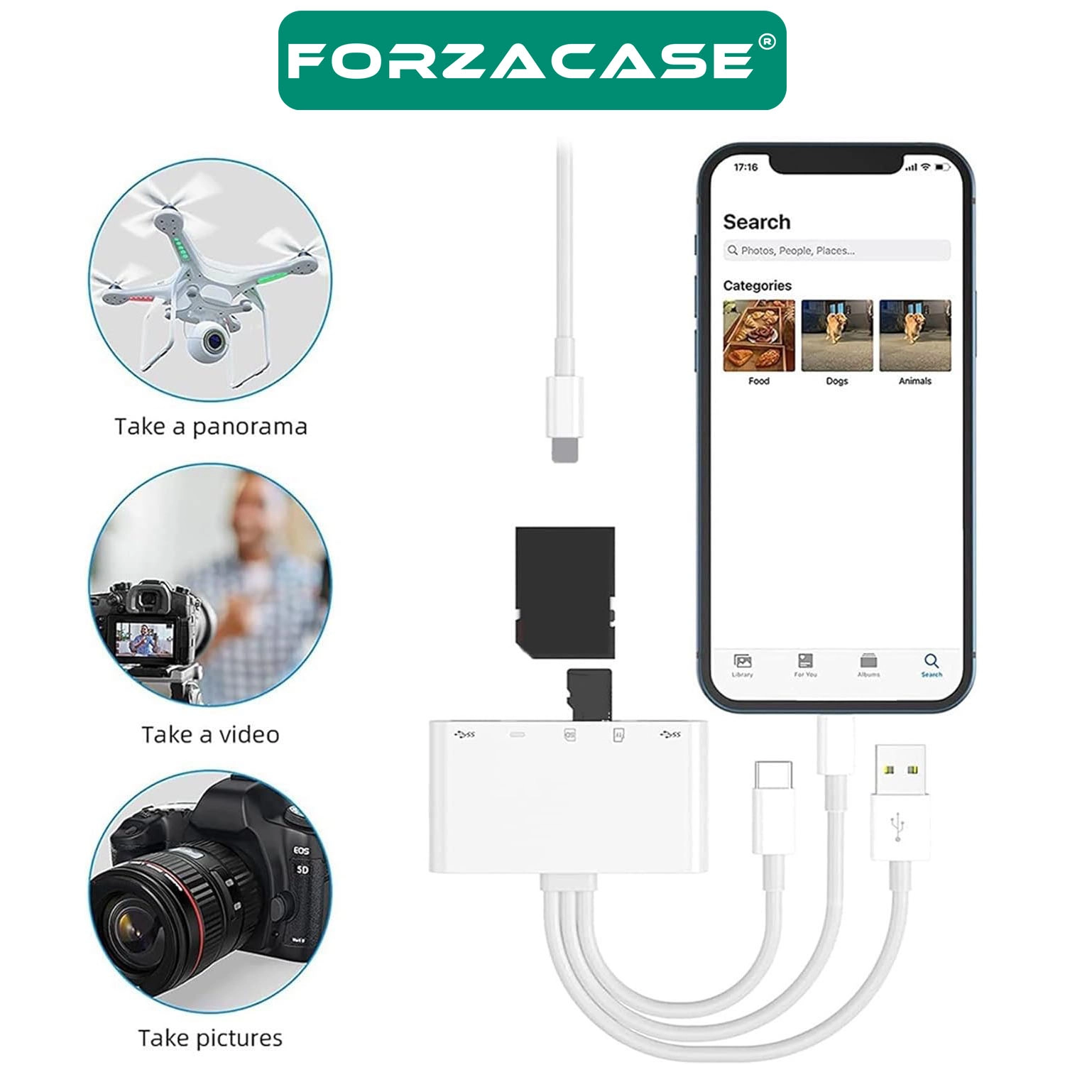 Forzacase 5in1 USB 3.0 Lightning Type-C to SD-TF Kart Okuyuculu USB Kamera Adaptörü - FC1115