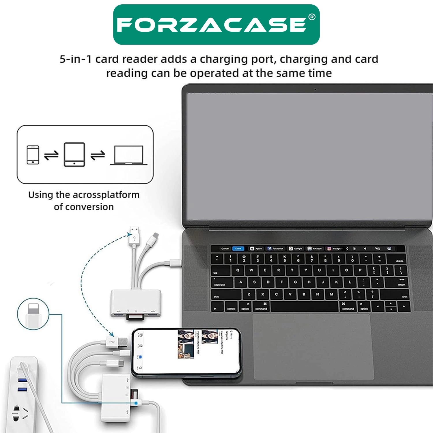 Forzacase 5in1 USB 3.0 Lightning Type-C to SD-TF Kart Okuyuculu USB Kamera Adaptörü - FC1115