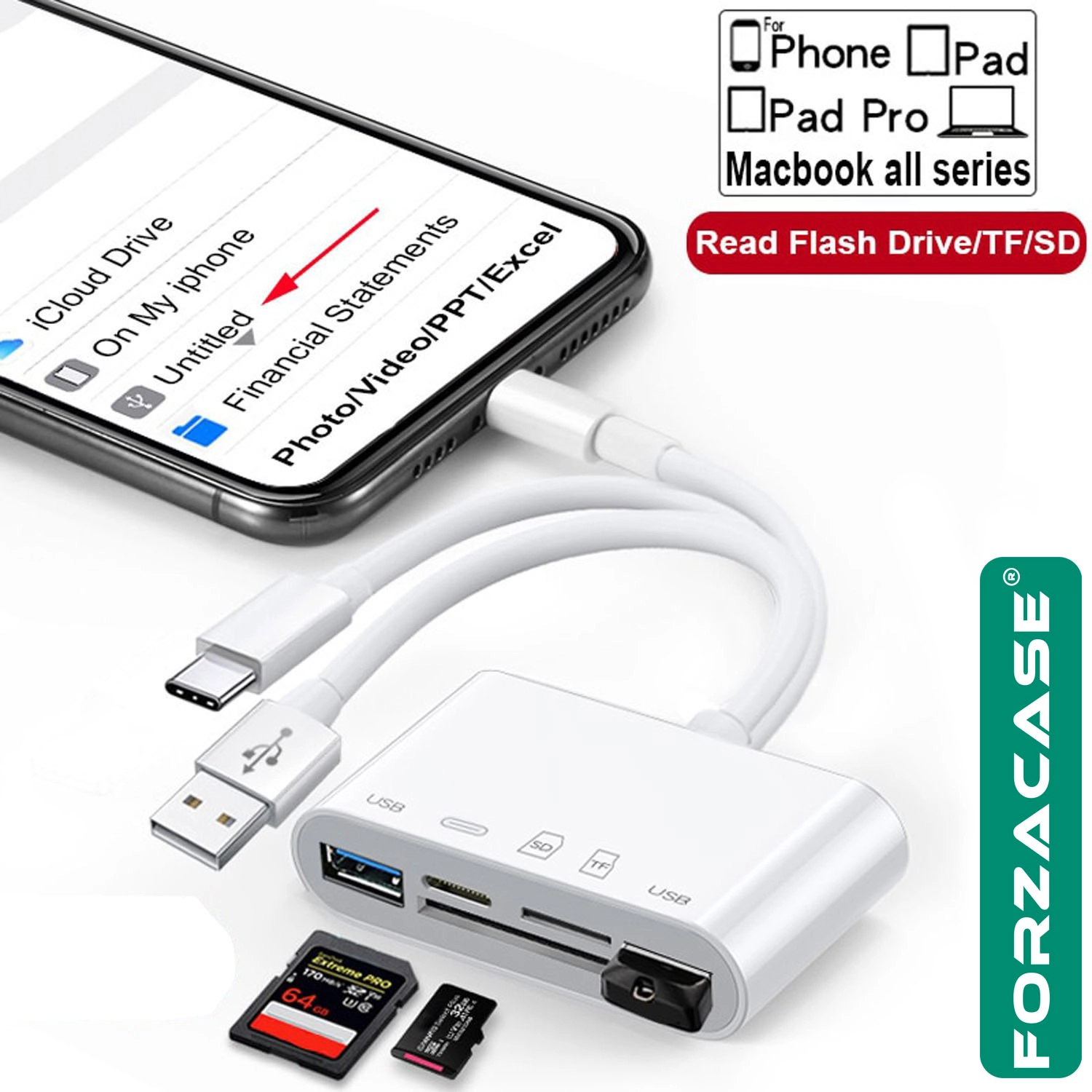 Forzacase 5in1 USB 3.0 Lightning Type-C to SD-TF Kart Okuyuculu USB Kamera Adaptörü - FC1115