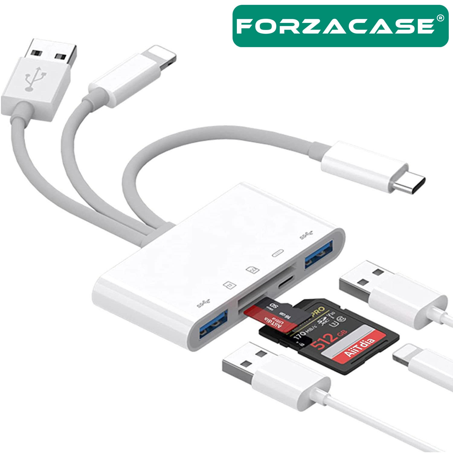 Forzacase 5in1 USB 3.0 Lightning Type-C to SD-TF Kart Okuyuculu USB Kamera Adaptörü - FC1115