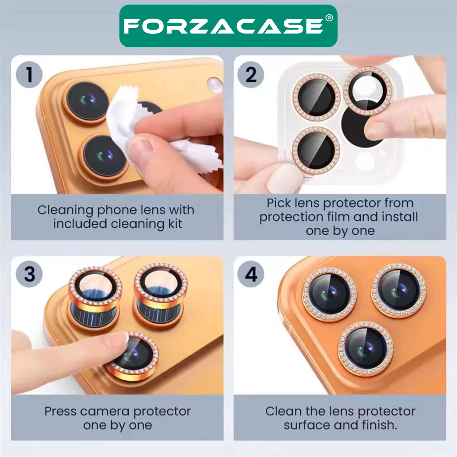 Forzacase iPhone 17 ile uyumlu Elmas Taşlı Kamera Camı Lens Koruyucu Halka Seti - FC1126