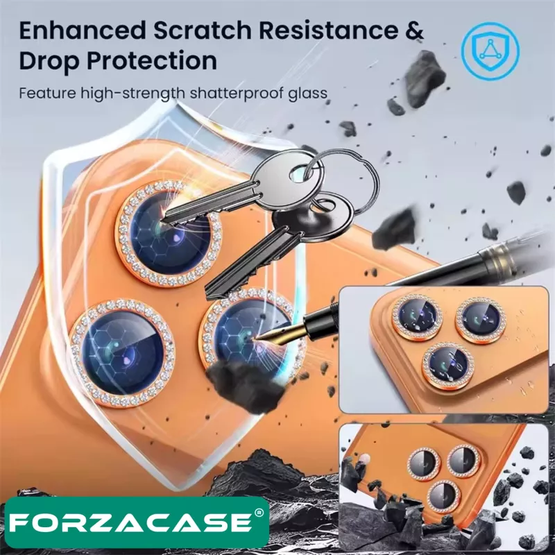 Forzacase iPhone 17 ile uyumlu Elmas Taşlı Kamera Camı Lens Koruyucu Halka Seti - FC1126