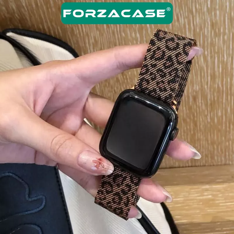 Forzacase Apple Watch 11 46mm ile uyumlu Leopar Desen Metal Mıknatıslı Kordon Kayış - FC1137