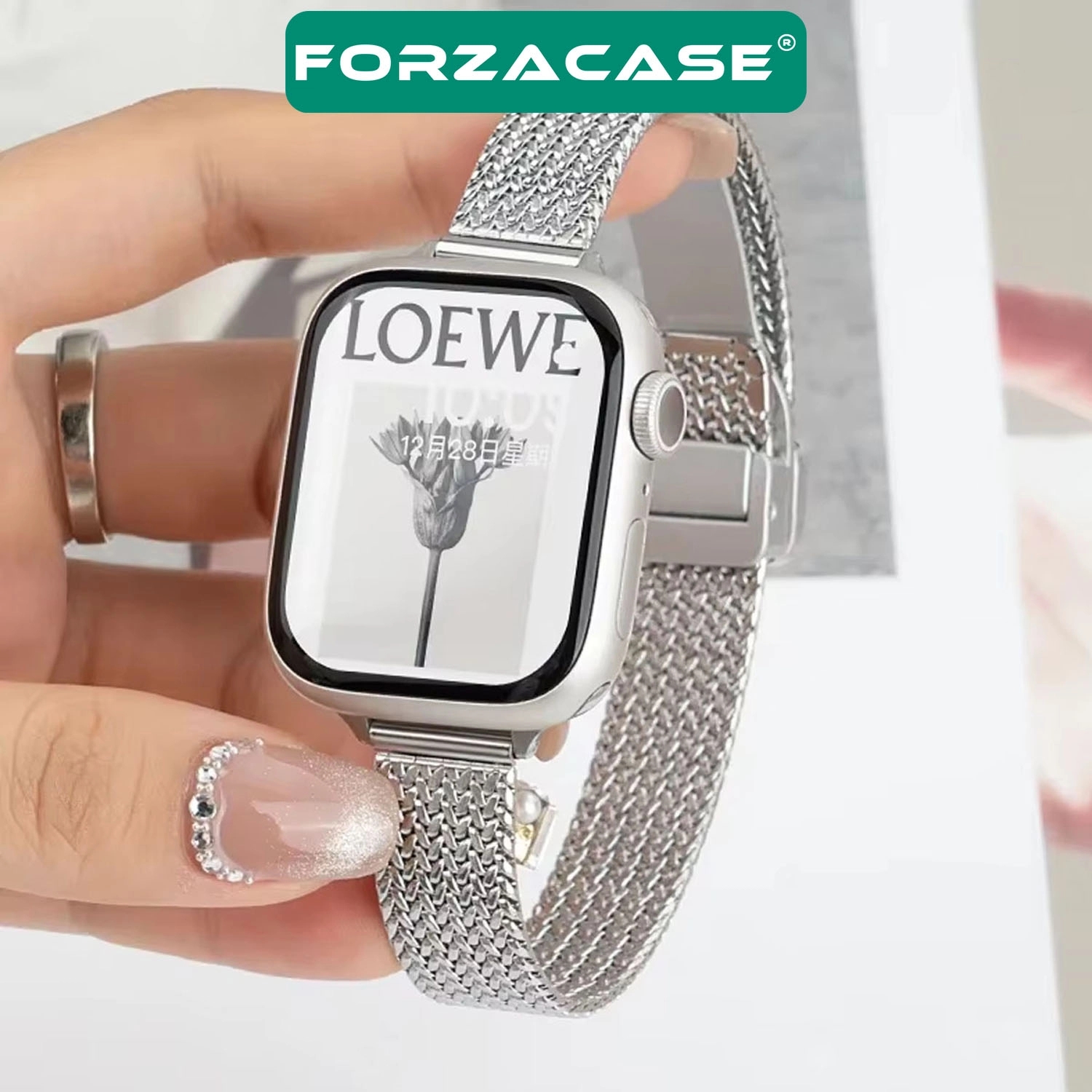 Forzacase Apple Watch Ultra 4 49mm ile uyumlu D Mıknatıslı İnce Metal Hasır Kordon Kayış - FC1139