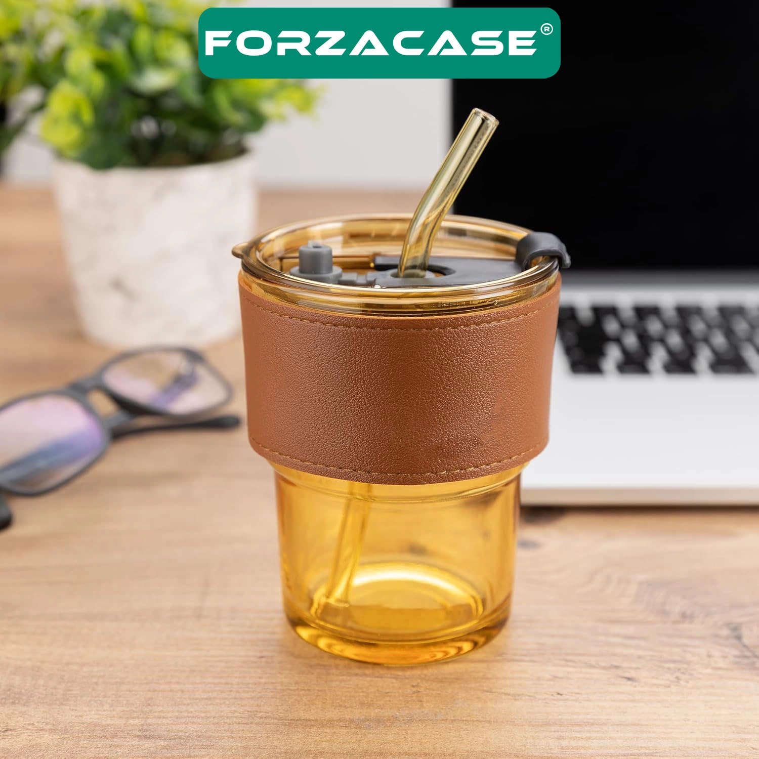 Forzacase 350ml Isıya Dayanıklı Deri Şeritli Pipetli Borosilikat Cam Bardak | Çay Kahve - FC1141
