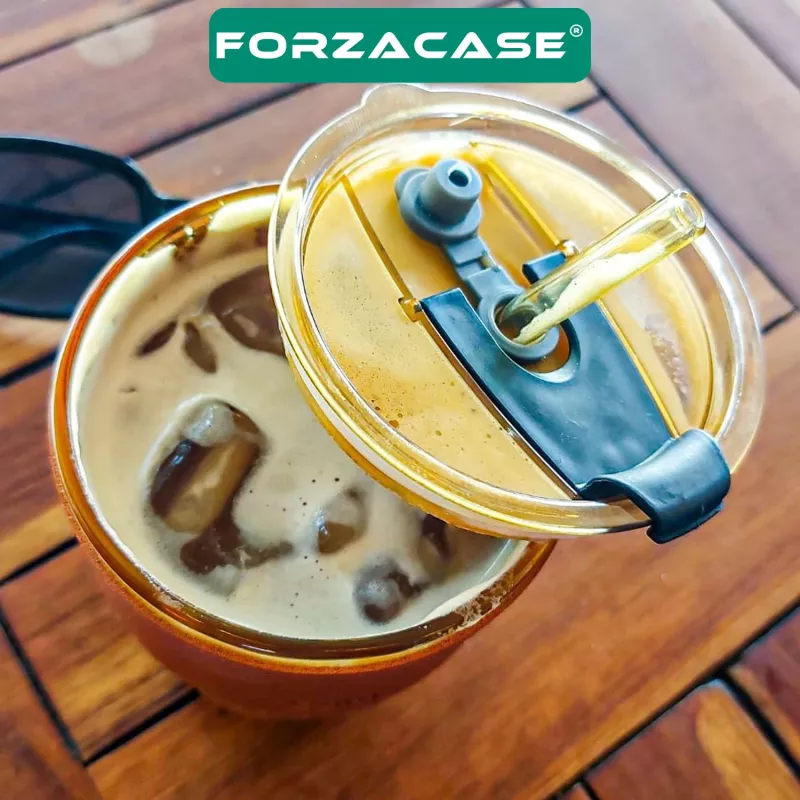 Forzacase 350ml Isıya Dayanıklı Deri Şeritli Pipetli Borosilikat Cam Bardak | Çay Kahve - FC1141