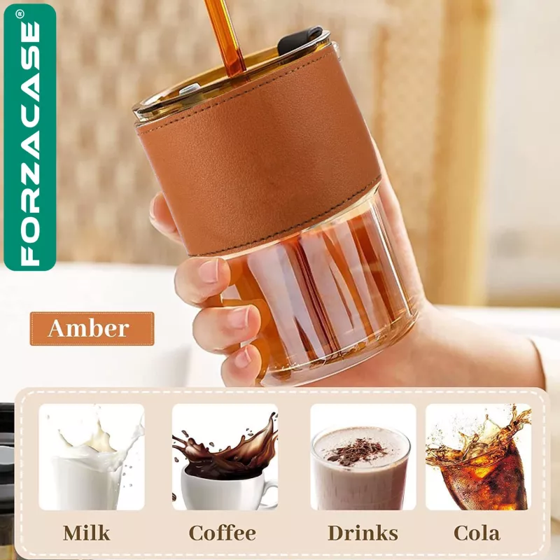 Forzacase 350ml Isıya Dayanıklı Deri Şeritli Pipetli Borosilikat Cam Bardak | Çay Kahve - FC1141