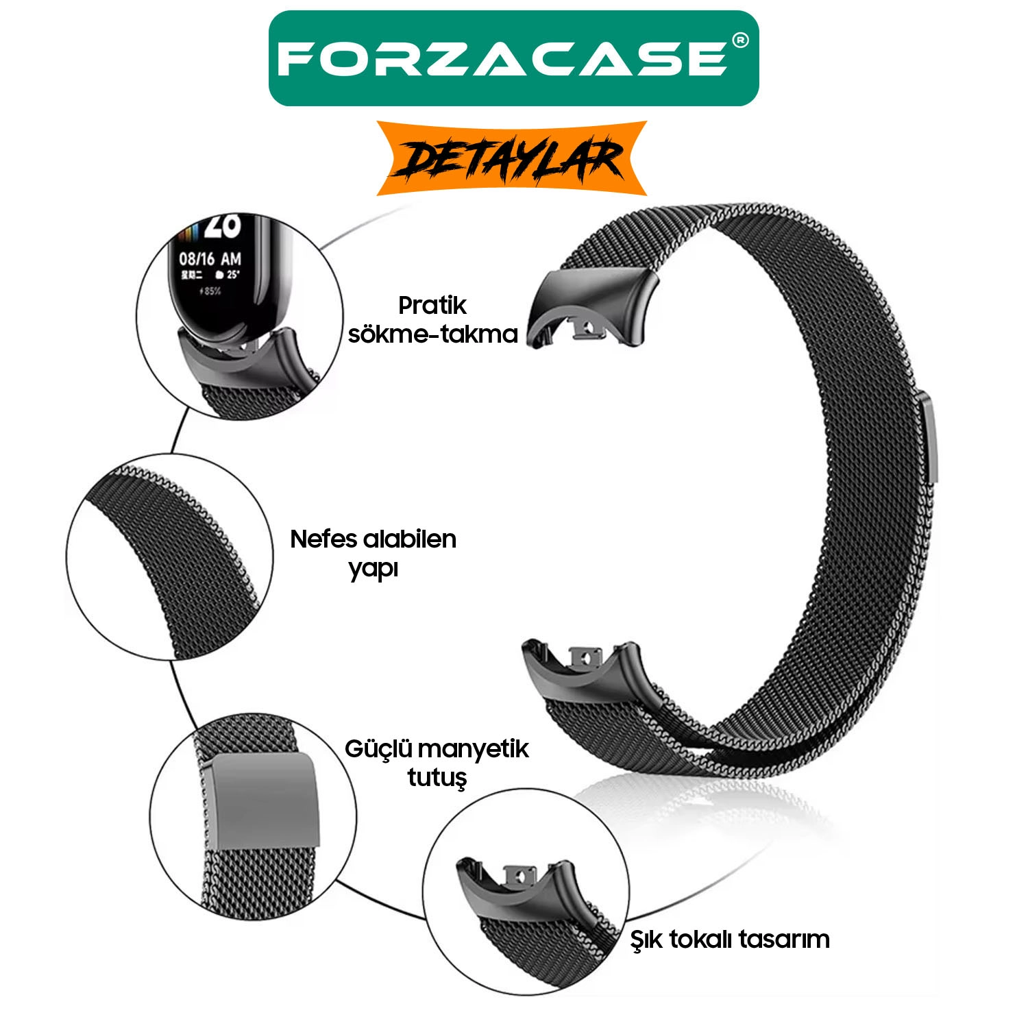 Forzacase Xiaomi Mi Smart Band 8 / 9 / 10 ile uyumlu Metal Mıknatıslı Manyetik Kordon Kayış - FC1151