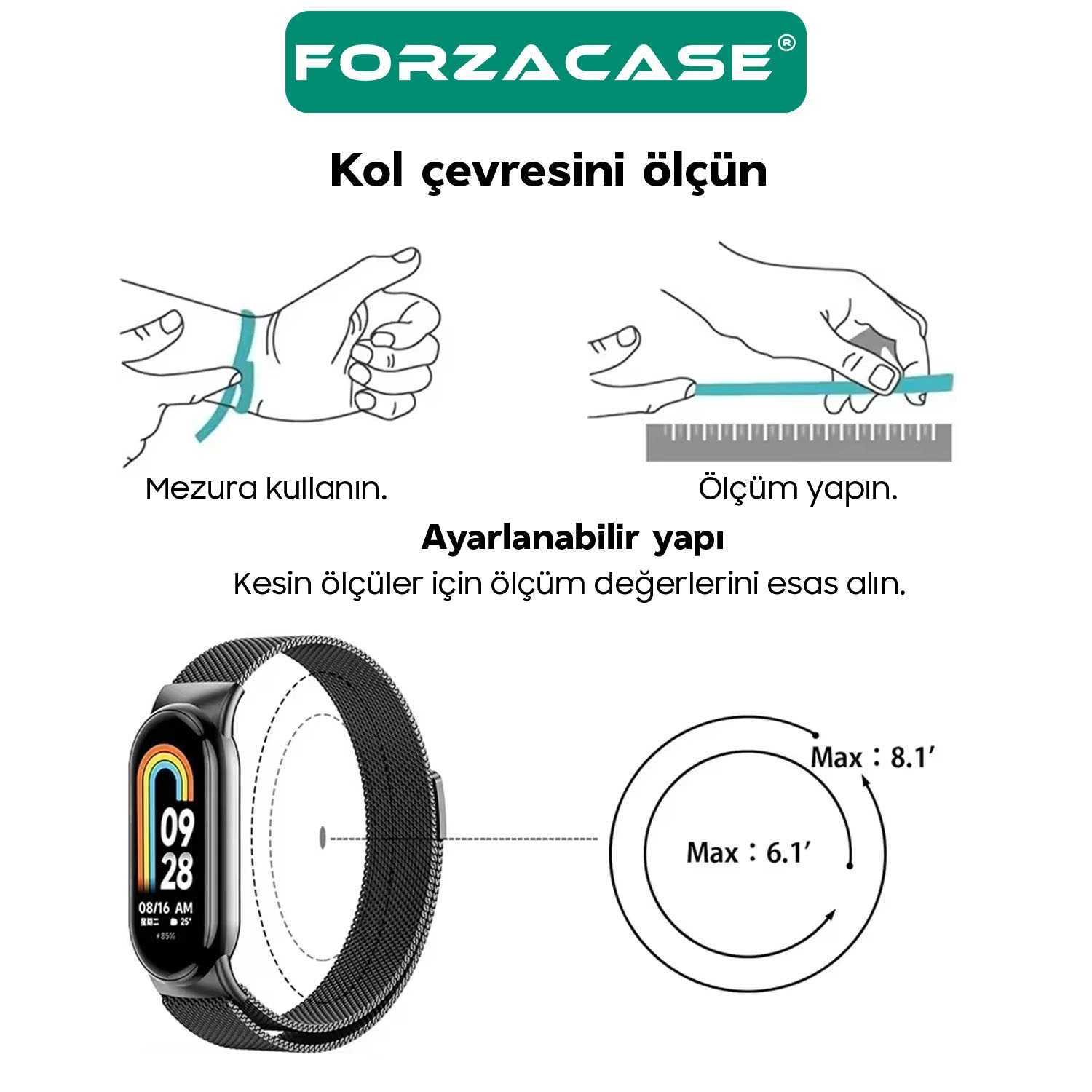 Forzacase Xiaomi Mi Smart Band 8 / 9 / 10 ile uyumlu Metal Mıknatıslı Manyetik Kordon Kayış - FC1151