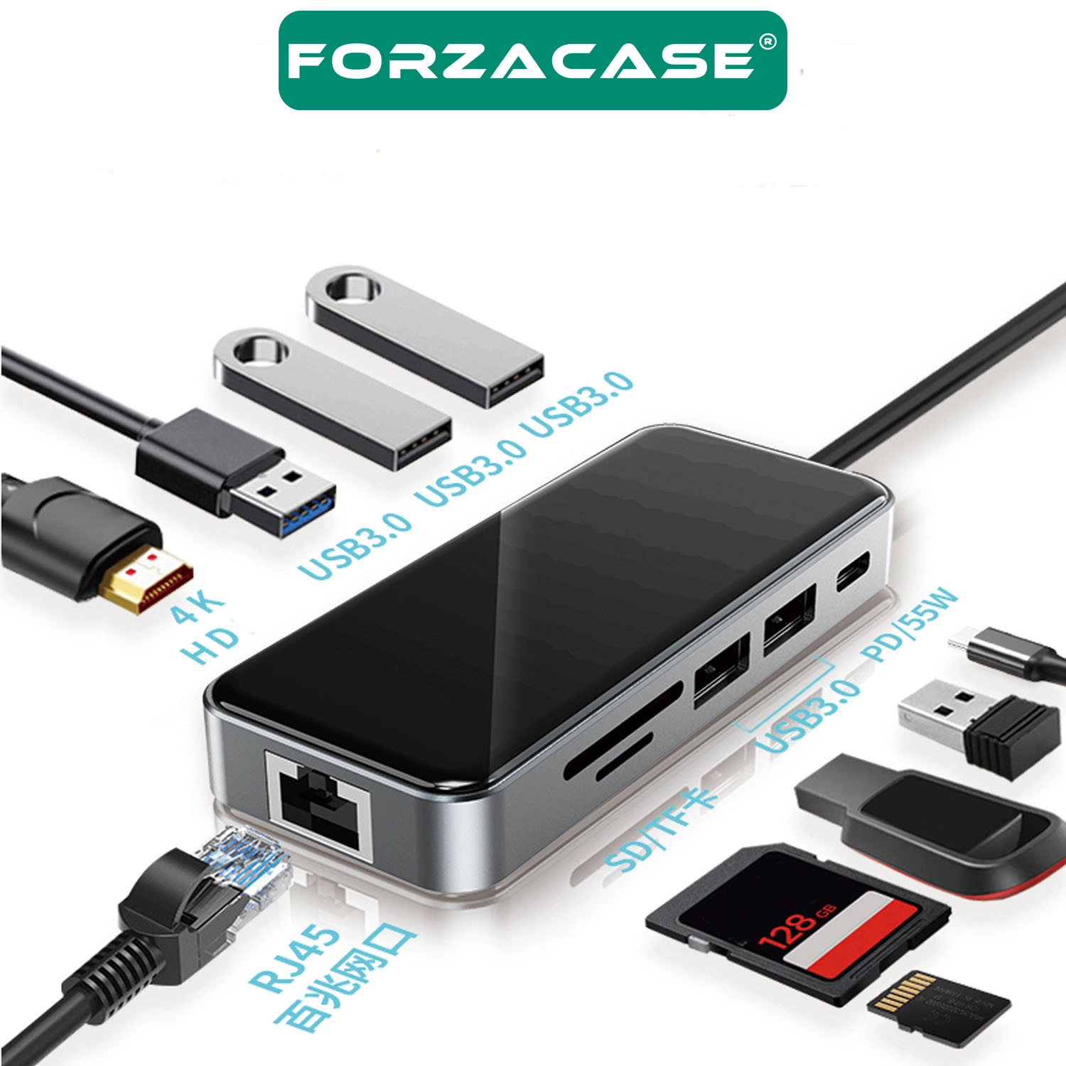 Forzacase Type-C To HDMI 5*USB 3.0 RJ45 Usb-C 60W Tf ve Sd Dönüştürücü 10in1 Hub - FC1153