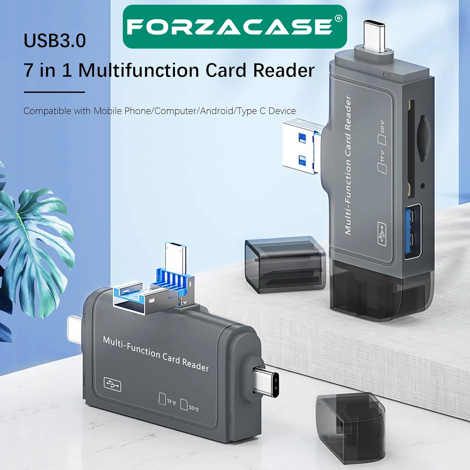 Forzacase Type-C, Lightning, Micro USB uyumlu USB 3.0 OTG SD Kart Okuyucu Çevirici Adaptör - FC1159