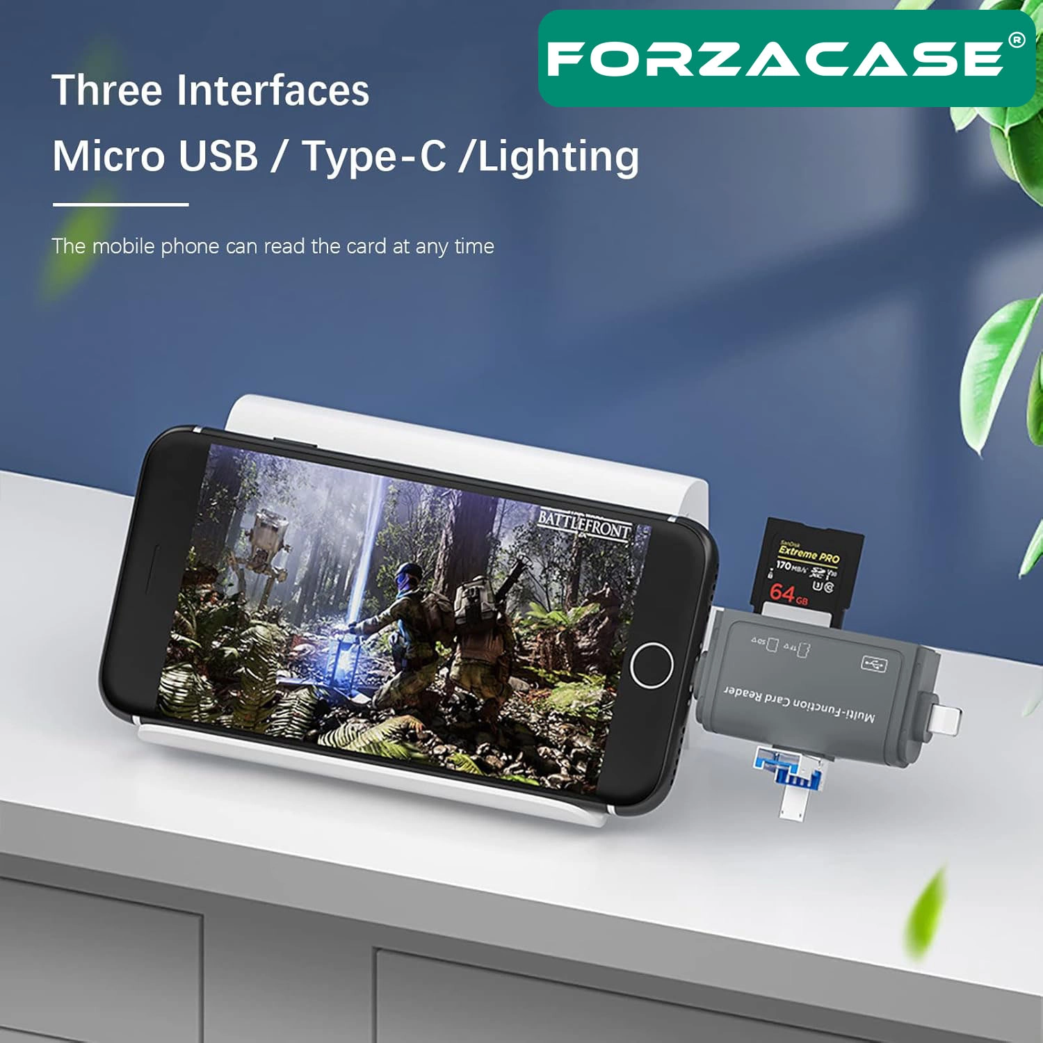 Forzacase Type-C, Lightning, Micro USB uyumlu USB 3.0 OTG SD Kart Okuyucu Çevirici Adaptör - FC1159