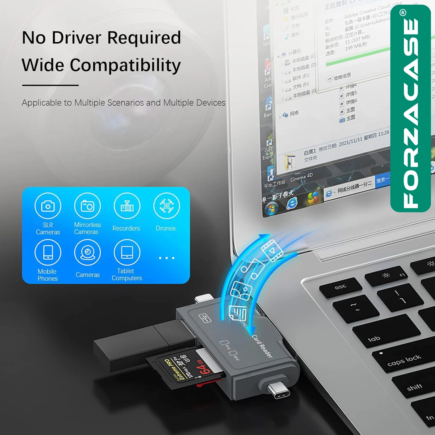 Forzacase Type-C, Lightning, Micro USB uyumlu USB 3.0 OTG SD Kart Okuyucu Çevirici Adaptör - FC1159