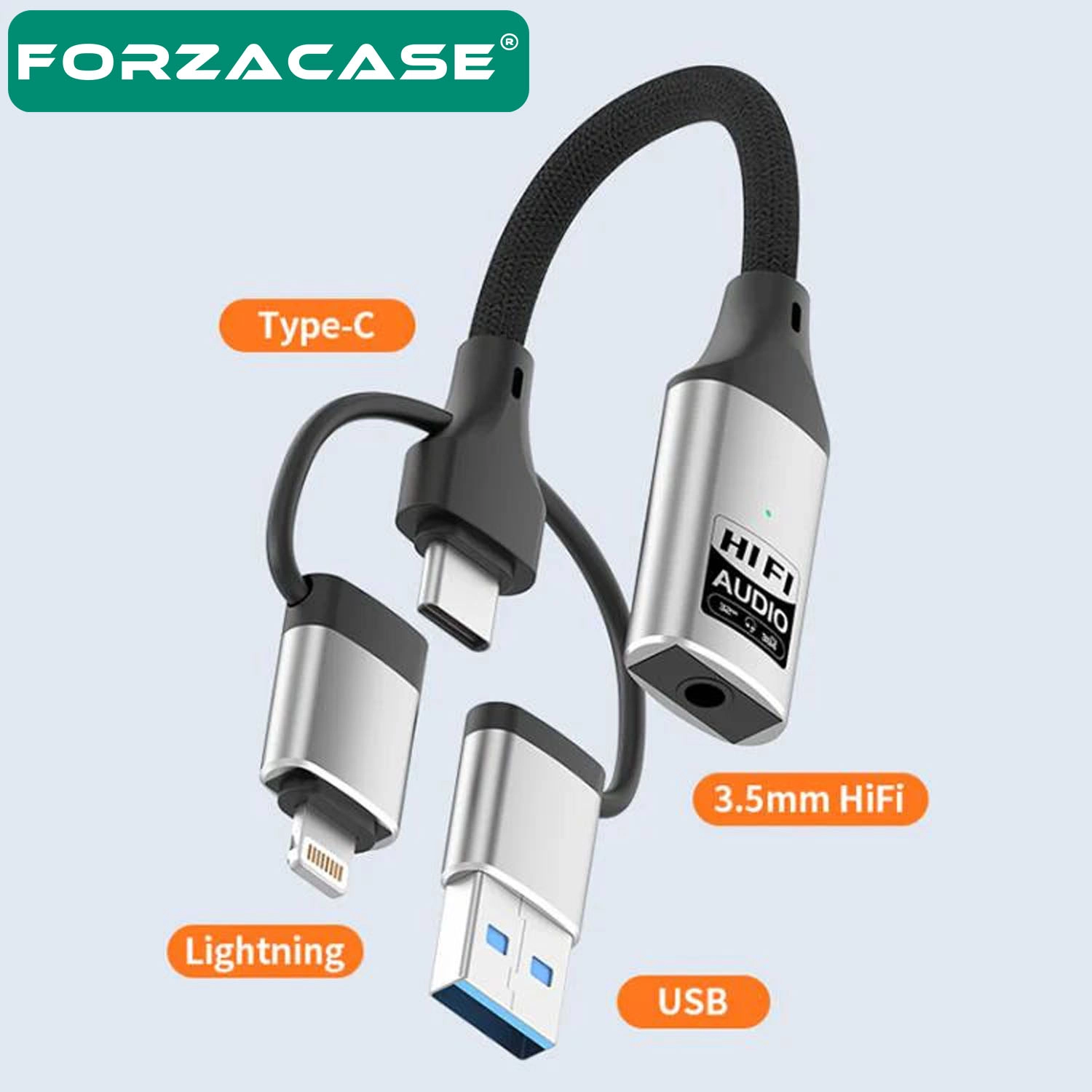 Forzacase 3in1 iPhone Lightning, Type-C, USB Girişli 3.5 mm Aux Çevirici Kulaklık Jak Adaptör FC1164
