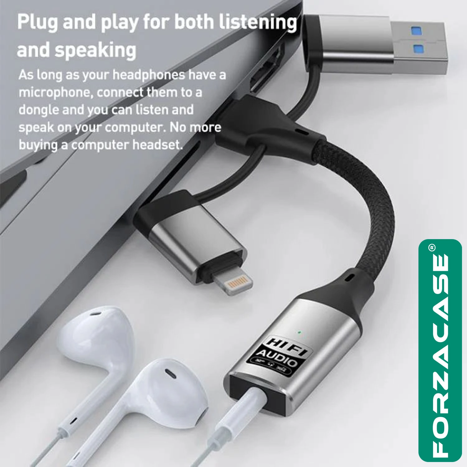 Forzacase 3in1 iPhone Lightning, Type-C, USB Girişli 3.5 mm Aux Çevirici Kulaklık Jak Adaptör FC1164