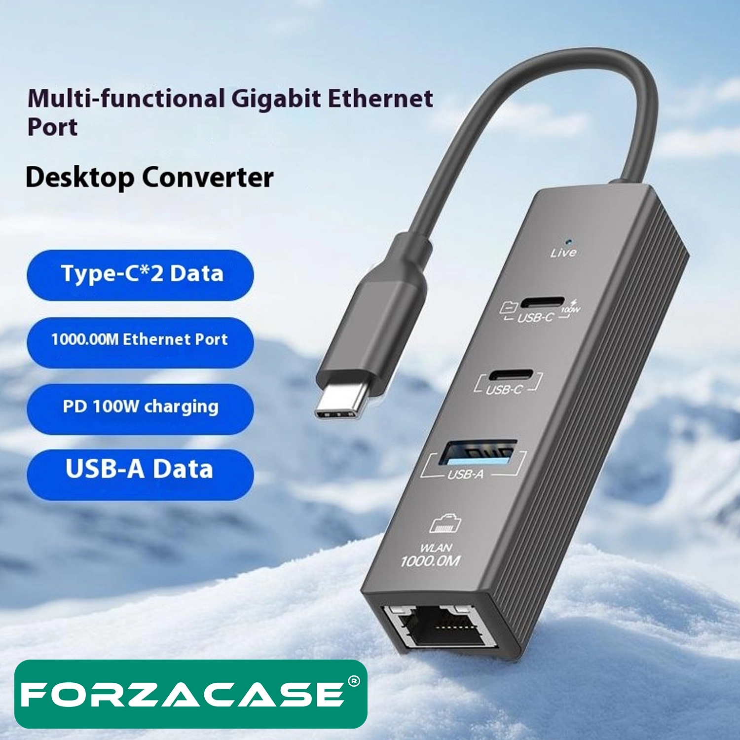 Forzacase Notebook Macbook Type-C 4in1 Ethernet USB 3.0 100W PD Çevirici Hub FC1165