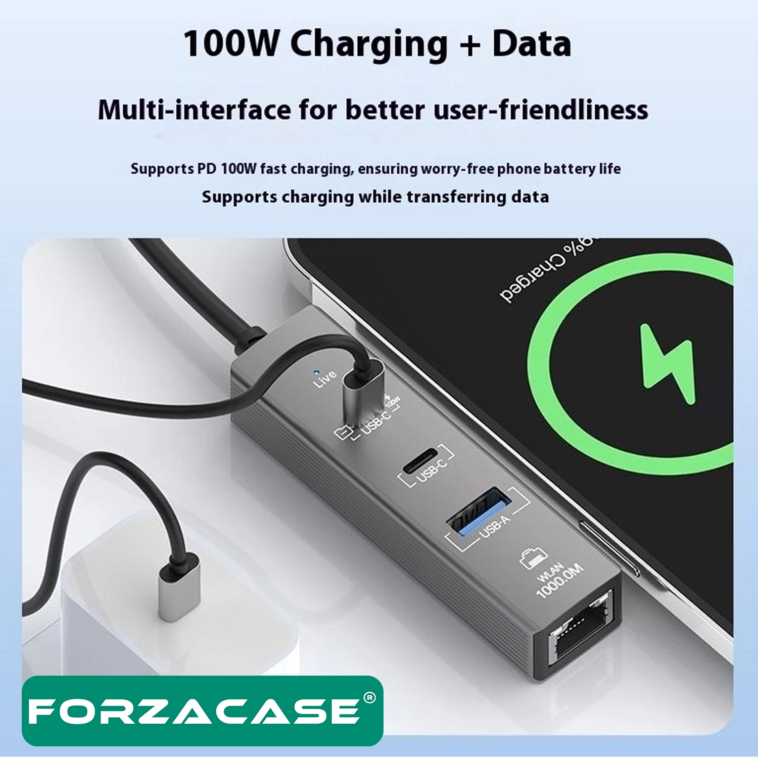 Forzacase Notebook Macbook Type-C 4in1 Ethernet USB 3.0 100W PD Çevirici Hub FC1165