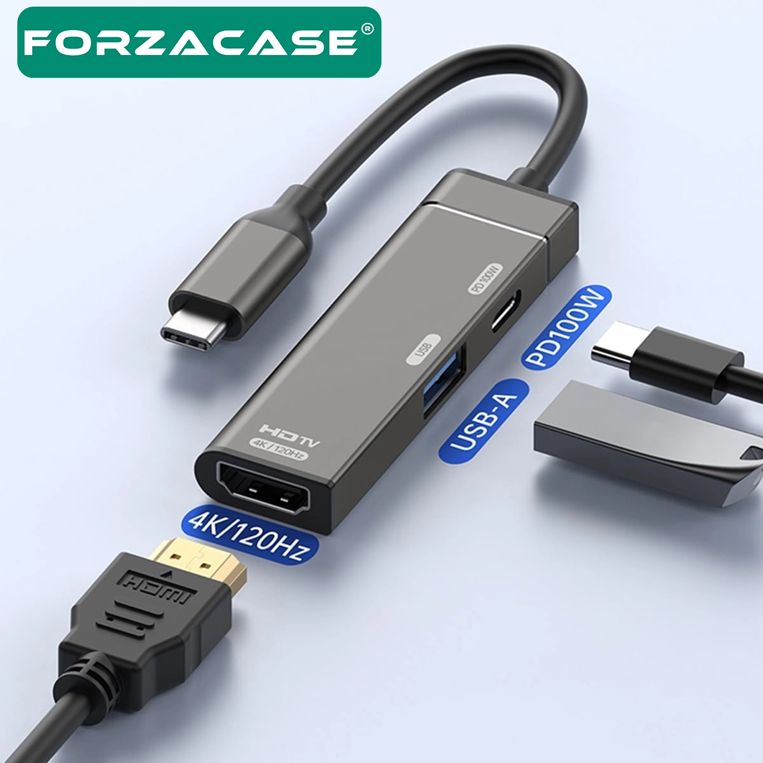 Forzacase 3in1 Taşınabilir Type-C to 4K HDMI Ultra HD 100W PD USB Çevirici Adaptör - FC1166