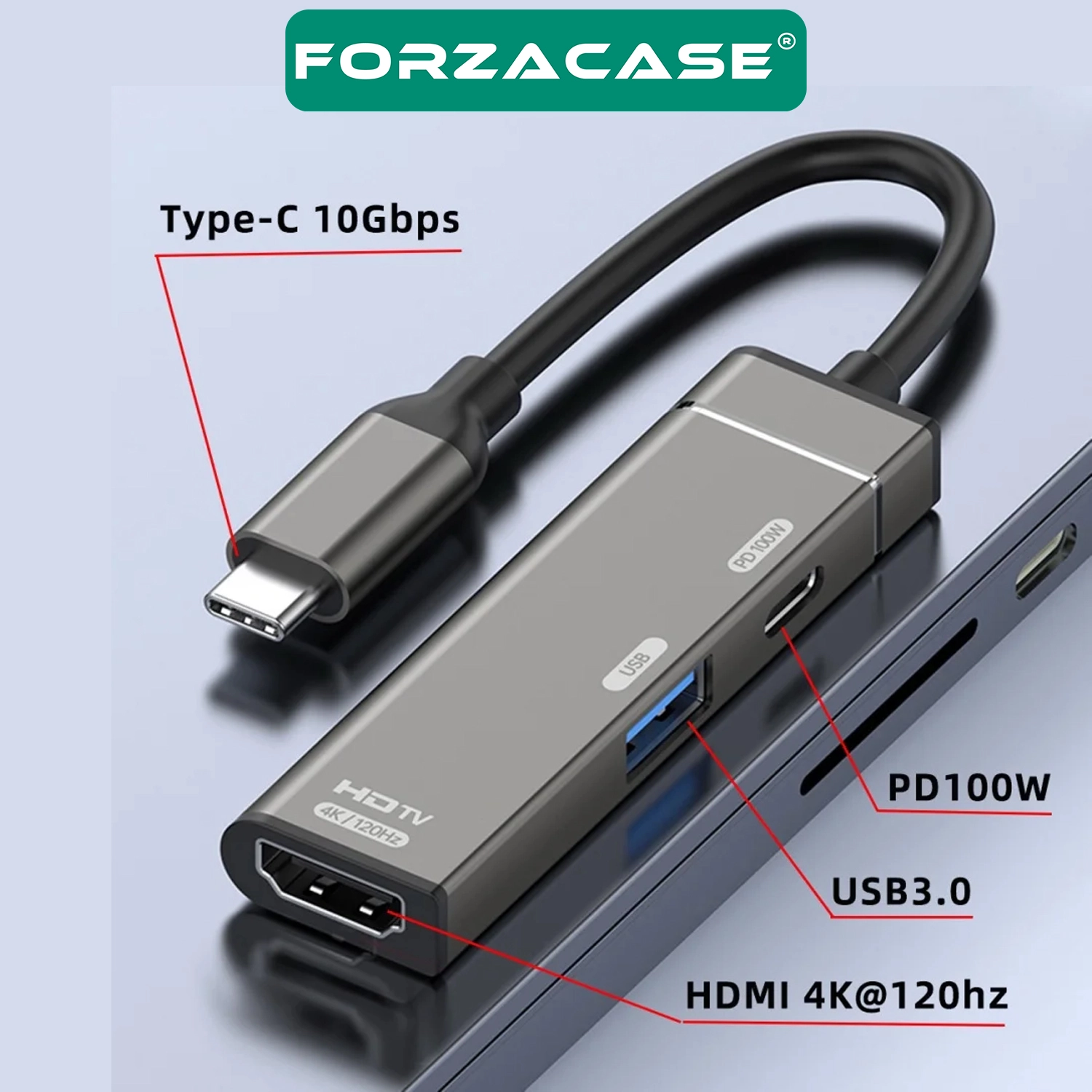 Forzacase 3in1 Taşınabilir Type-C to 4K HDMI Ultra HD 100W PD USB Çevirici Adaptör - FC1166