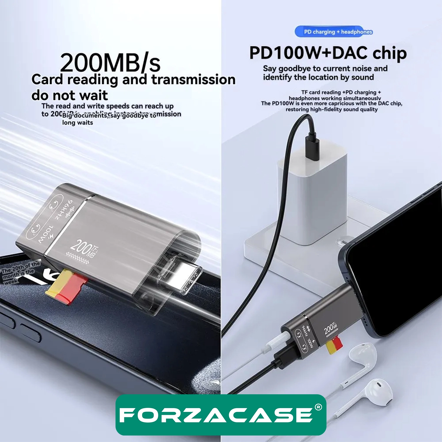 Forzacase 4in1 Taşınablilir Type-C to 3.5mm Aux , 100W PD ve TF Kart Okuyucu Çevirici Adaptör - FC1167