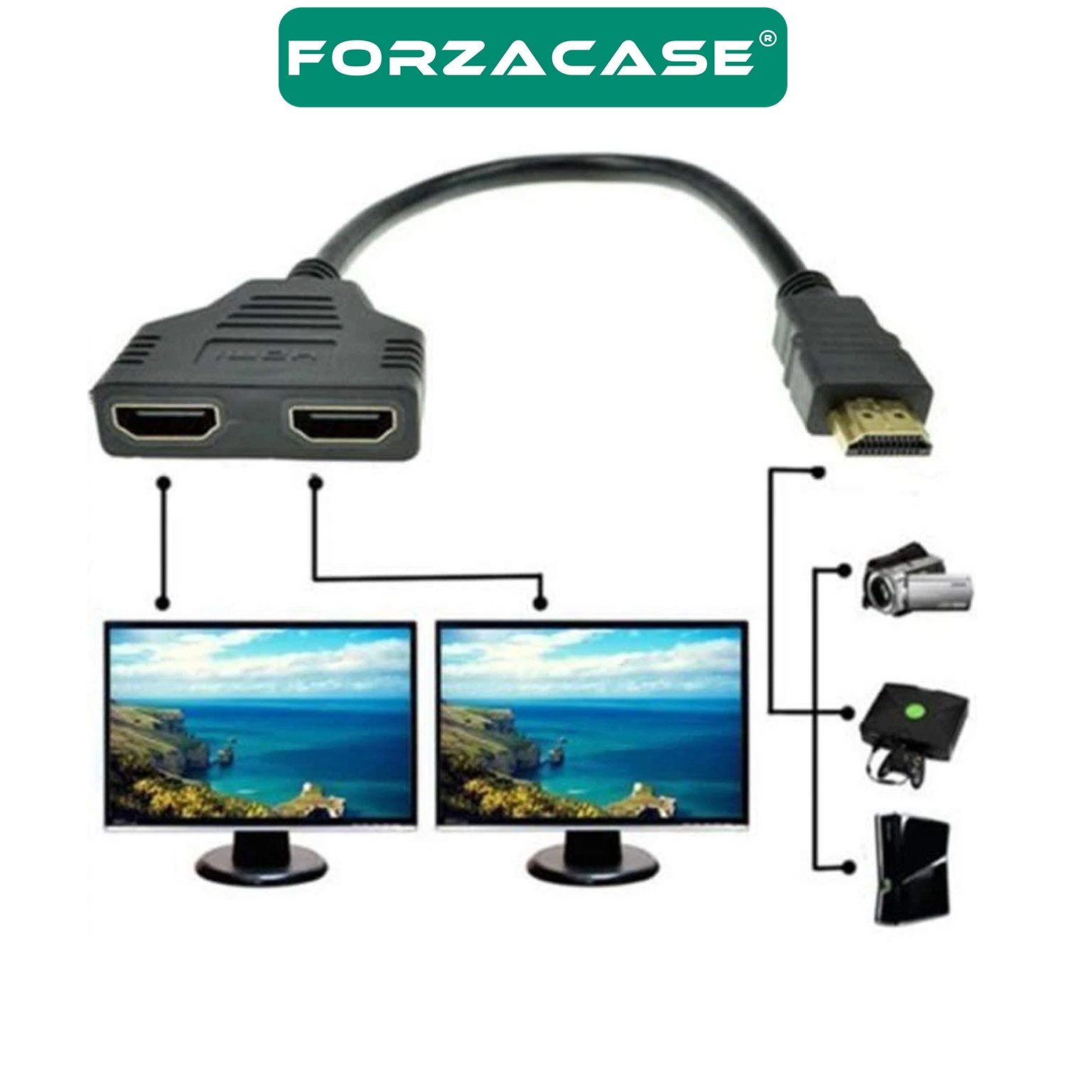Forzacase 2 Port 4K HDMI 1x2 Switch Ekran Monitör Splitter Çoğaltıcı Çoklayıcı Kablo 30cm - FC1184