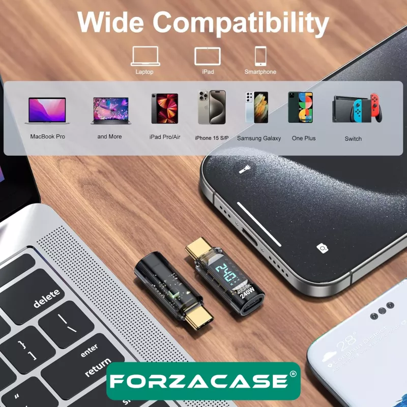 Forzacase 240W PD 3.1 Hızlı Şarj 40Gbps Data Veri Aktarıcı Dijital Ekranlı Type-C Adaptör - FC1185