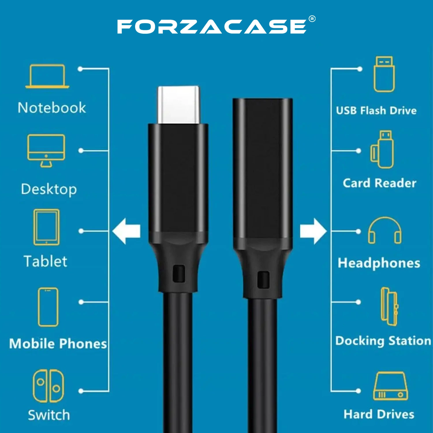 Forzacase Type-C Uzatma Kablosu 1 Metre Hızlı Şarj ve Veri Aktarım Destekli - FC1195