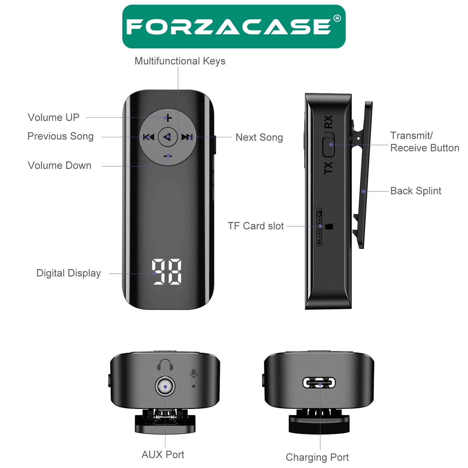 Forzacase Bluetooth 5.3 Ses Alıcı Verici – AUX Kablosuz Audio Adaptör, Araç ve TV Uyumlu - FC1196