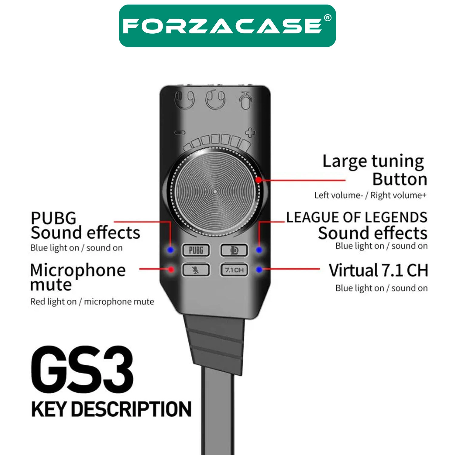 Forzacase USB DSP Harici Ses Kartı 7.1 Kanal 3.5mm Kulaklık Mikrofon Çevirici, PUBG LOL Efekt FC1225
