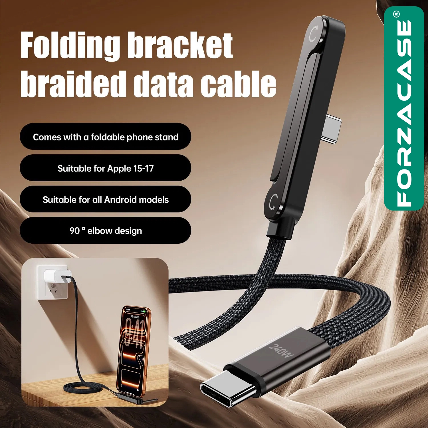 Forzacase 240W Type-C to Type-C Katlanabilir Standlı Hızlı Şarj Kablosu Yassı Örgü Tasarım - FC1227