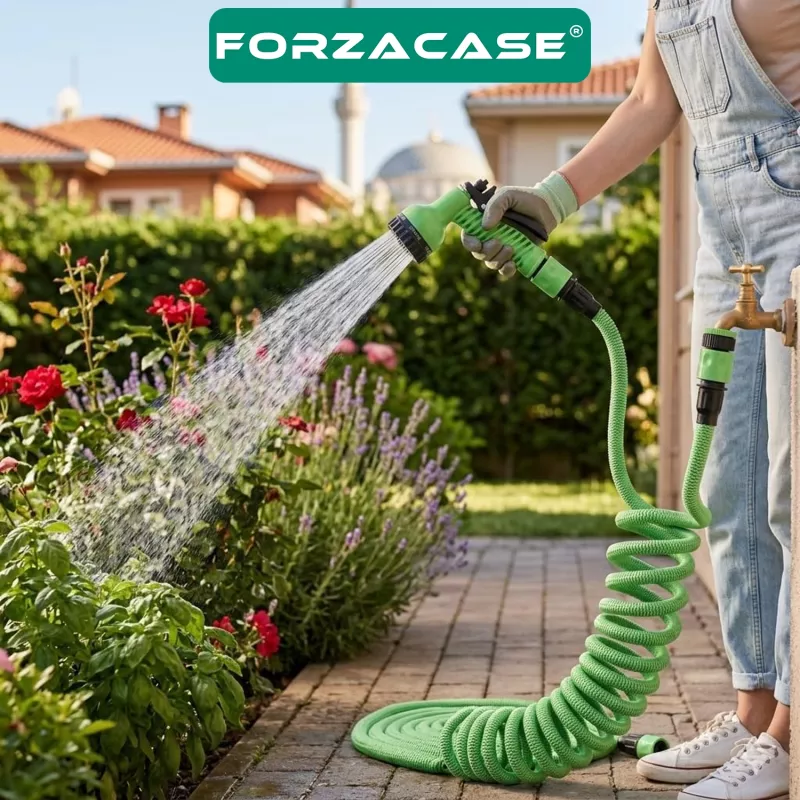 Forzacase 15 Metre Uzayan Bahçe Sulama Araç Yıkama Hortumu 7 Kademeli Başlıklı Tabanca - FC1230