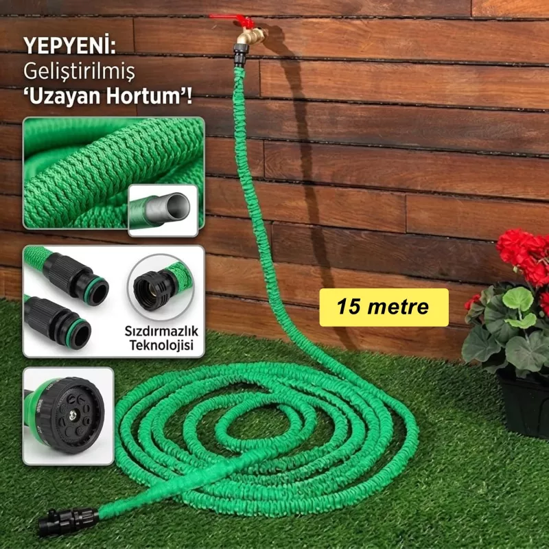 Forzacase 15 Metre Uzayan Bahçe Sulama Araç Yıkama Hortumu 7 Kademeli Başlıklı Tabanca - FC1230