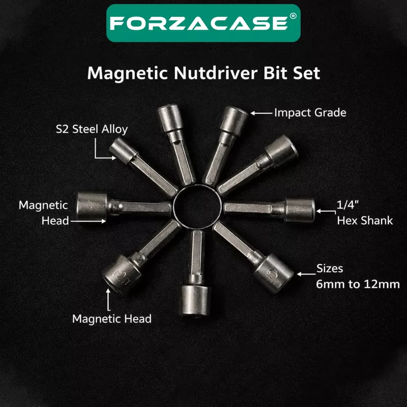 Forzacase 9 Parça Manyetik Somun Adaptörü Matkap Marangoz Seti 5mm - 13mm Arası Lokma Uç Takımı - FC1231