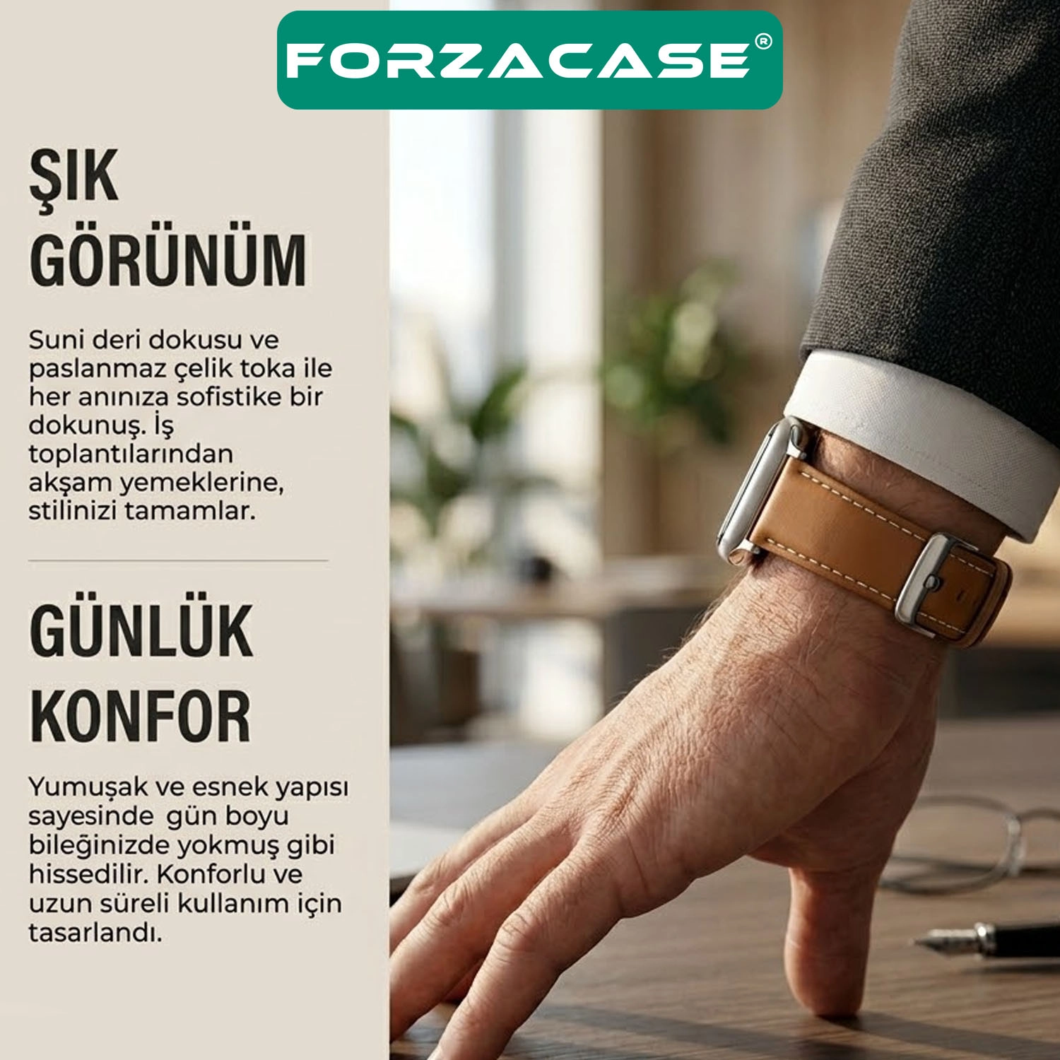 Forzacase Apple Watch Ultra 2 49mm ile uyumlu Suni Deri Kordon Kayış - FC1242