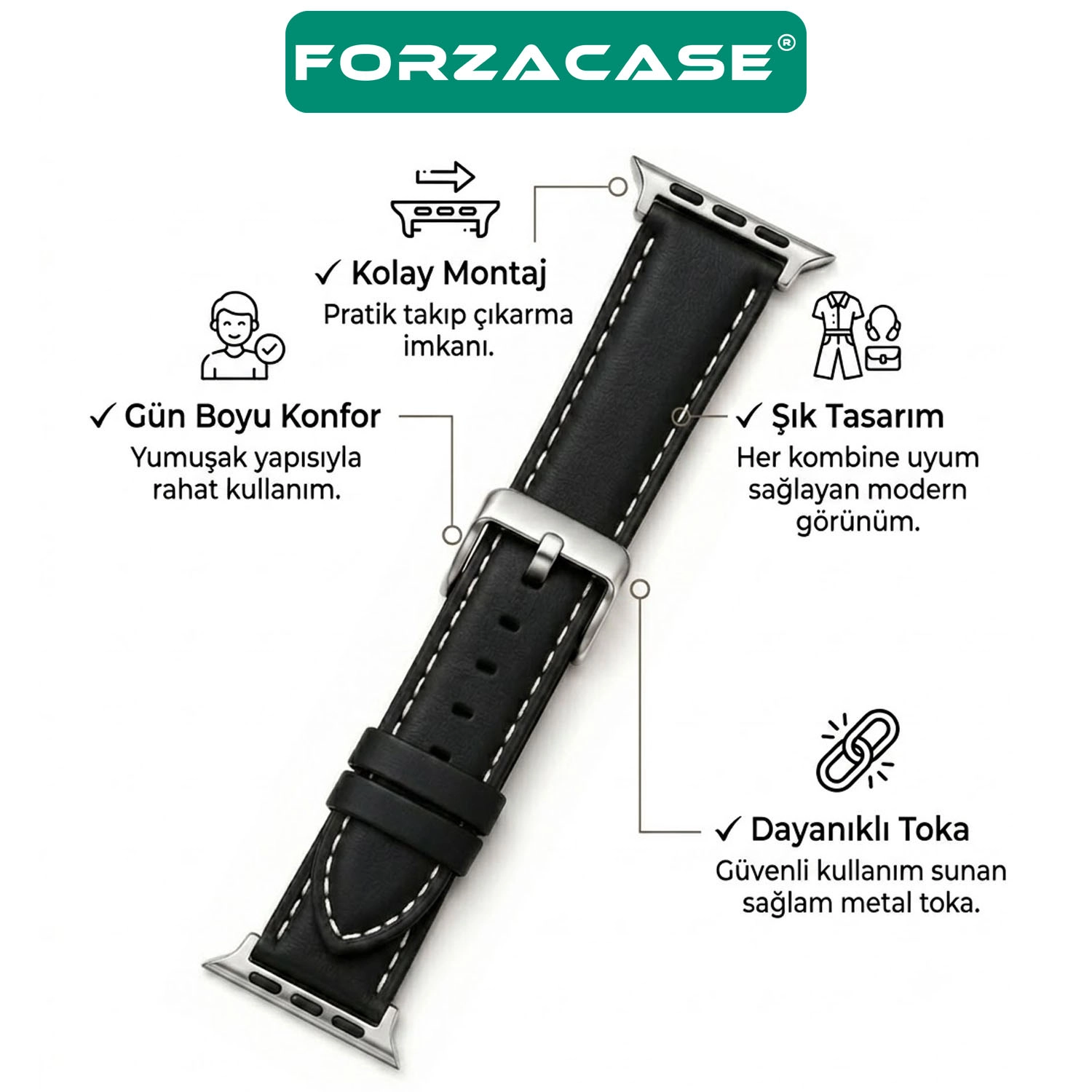 Forzacase Apple Watch Ultra 4 49mm ile uyumlu Suni Deri Kordon Kayış - FC1242