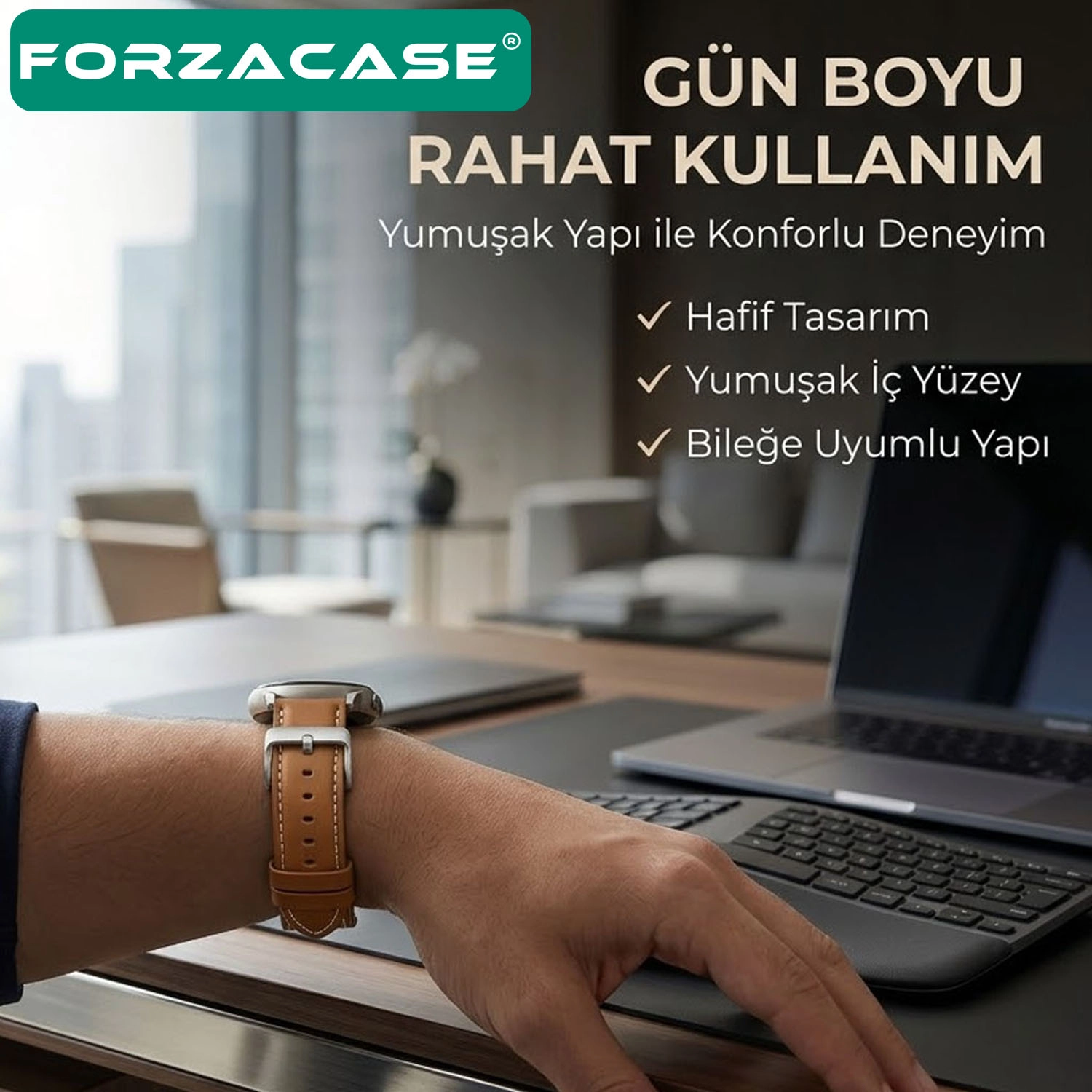 Forzacase Amazfit GTR 2 / 2e 47mm ile uyumlu Suni Deri Kordon Kayış - FC1243