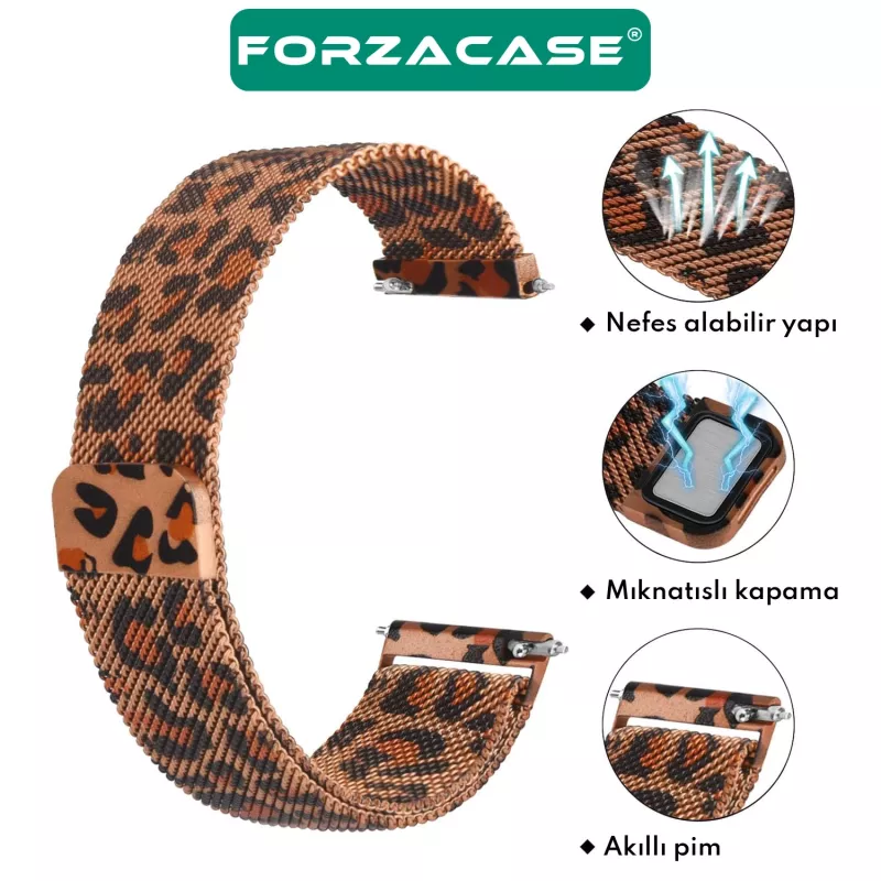 Forzacase Amazfit Pace / Pace 2 ile uyumlu Leopar Desen Metal Mıknatıslı Kordon Kayış - FC1245