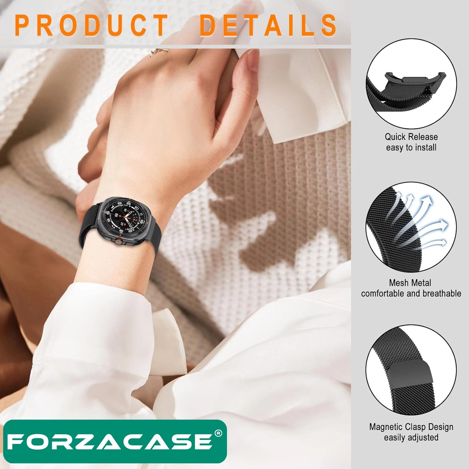 Forzacase Samsung Galaxy Watch 7 Ultra 47mm ile uyumlu Metal Mıknatıslı Kordon Kayış - FC1247