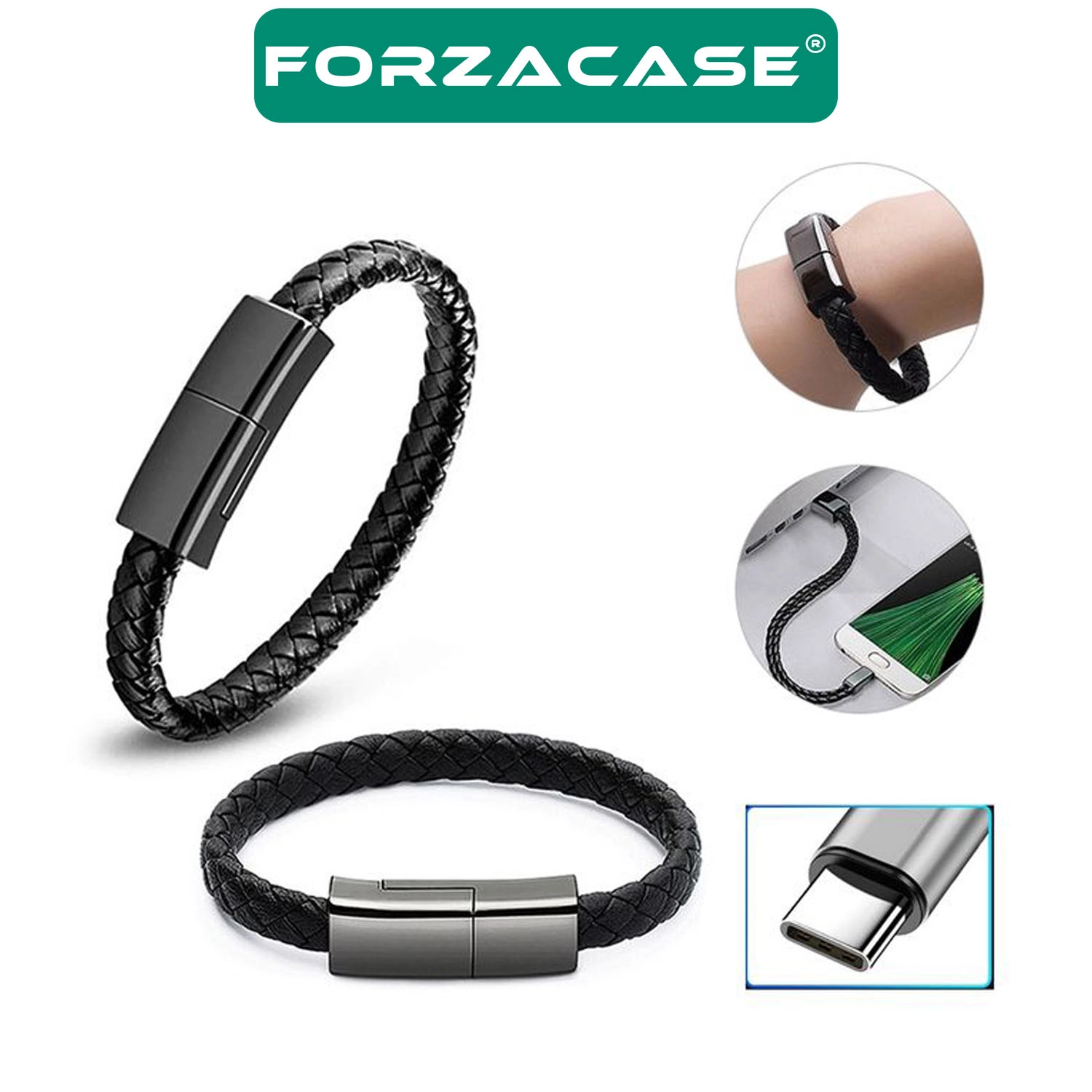 Forzacase iOS Android Tablet Telefonlar ile uyumlu Type-C to USB Deri Bileklik Şarj Data Kablosu PD 66W - FC1249