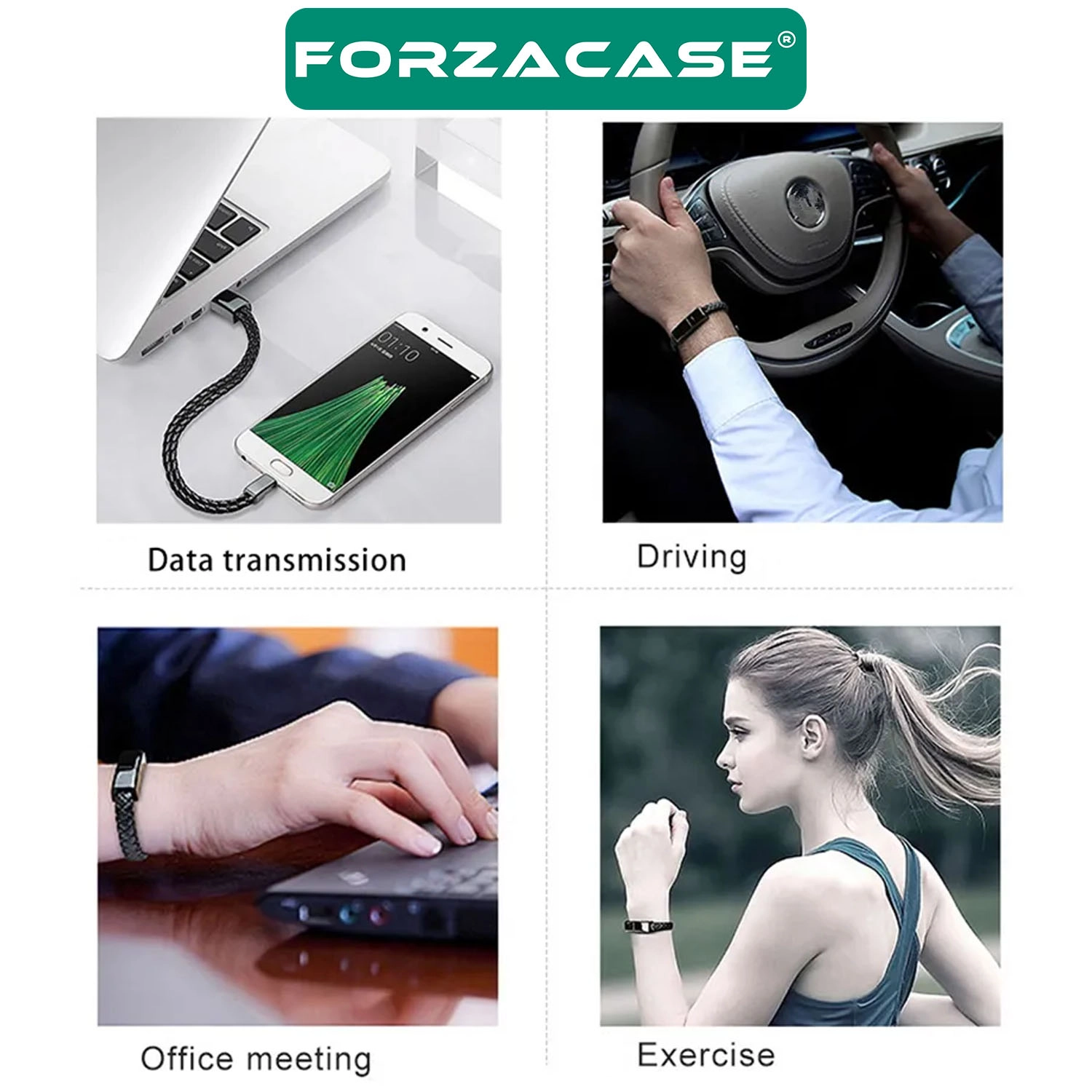 Forzacase iOS Android Tablet Telefonlar ile uyumlu Type-C to USB Deri Bileklik Şarj Data Kablosu PD 66W - FC1249