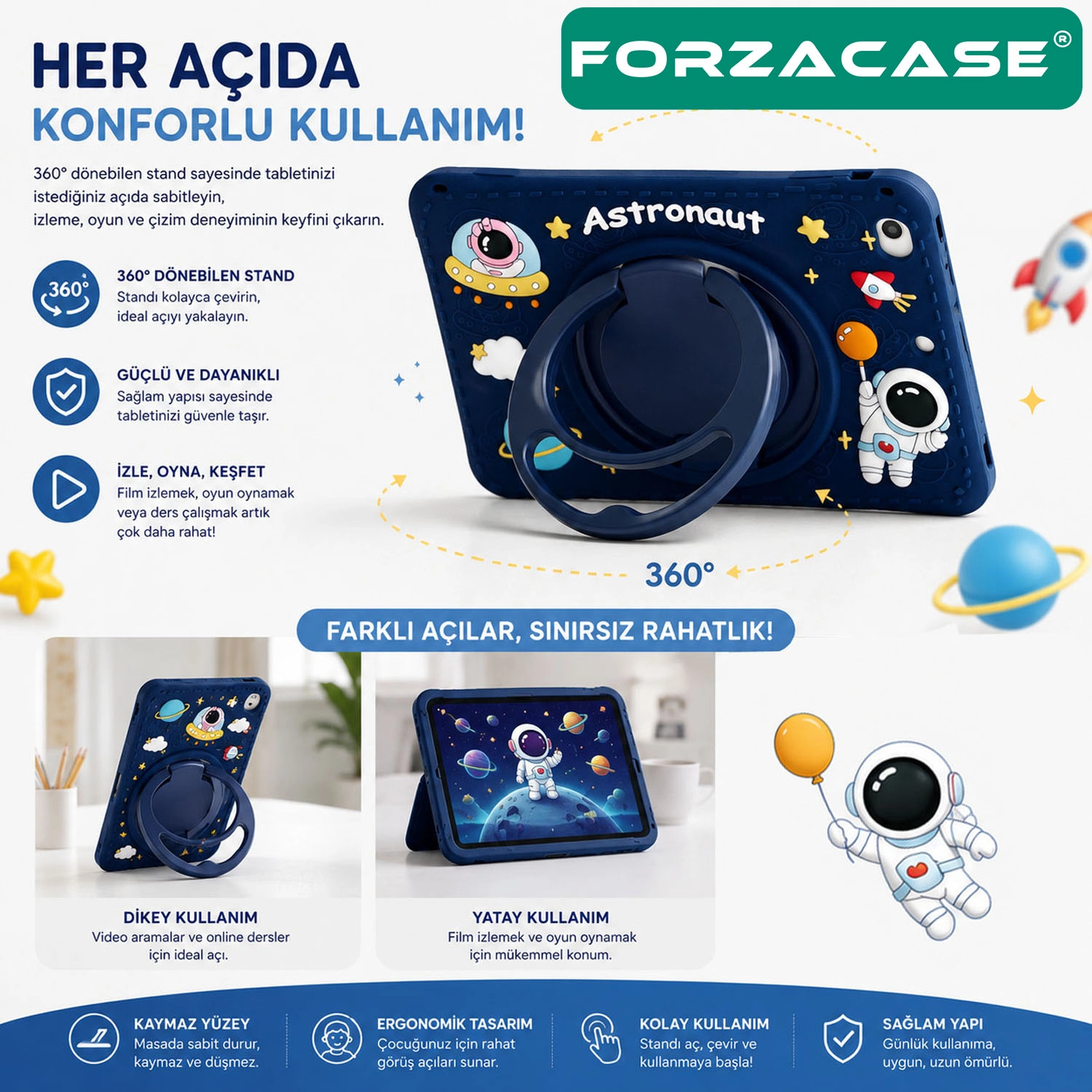 Forzacase Samsung Galaxy Tab S9 11’’ X710 uyumlu Astronot Desen Standlı Silikon Kılıf - FC1254