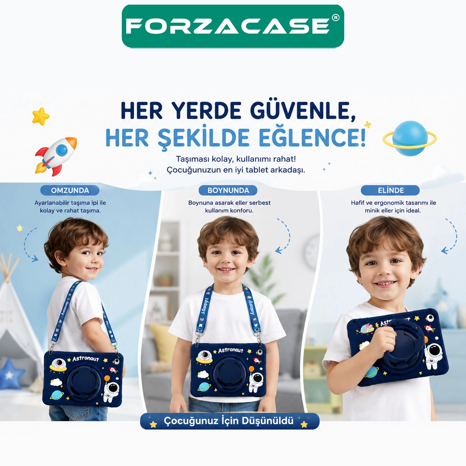 Forzacase Samsung Galaxy Tab A11 8.7’’ X130 uyumlu Astronot Desen Standlı Silikon Kılıf - FC1254
