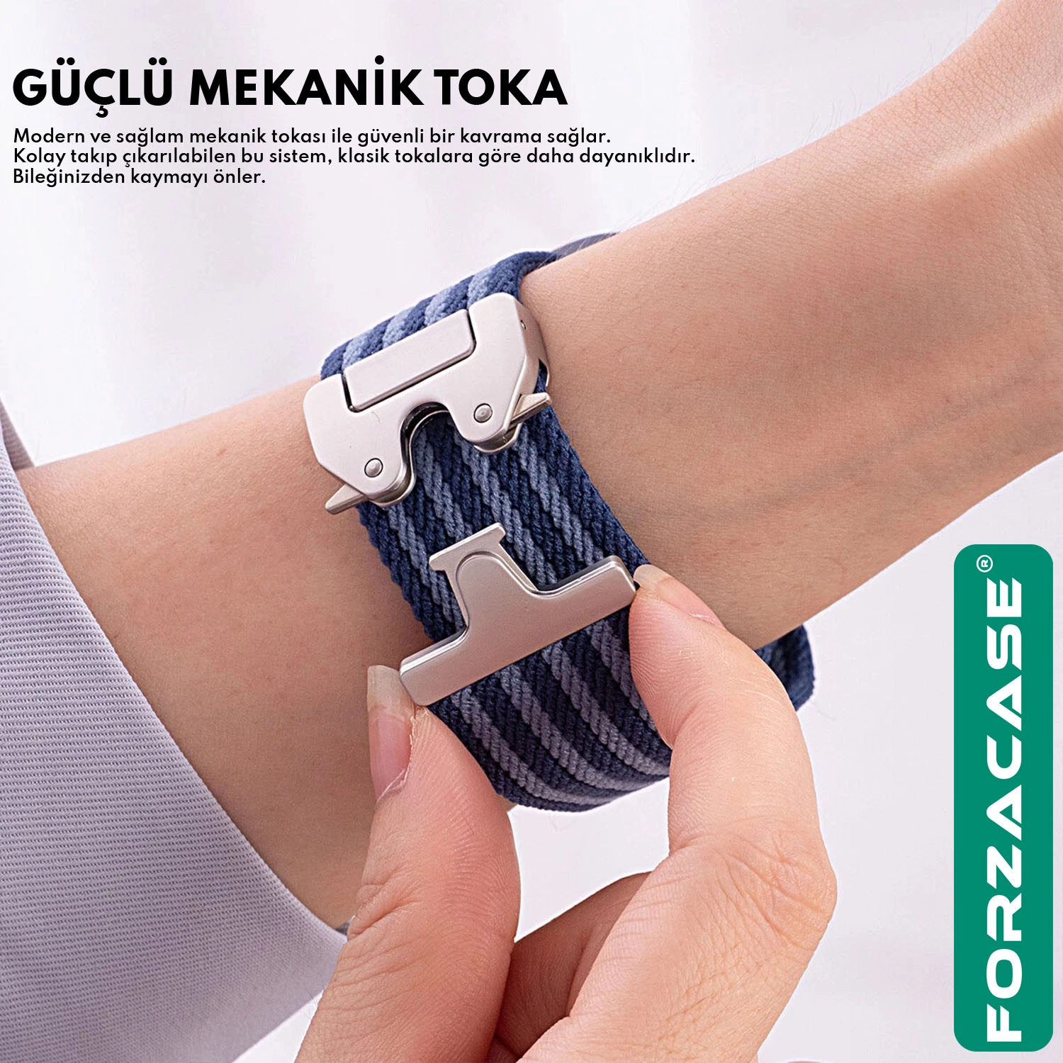 Forzacase Apple Watch 9 45mm ile uyumlu Mekanik Tokalı Çizgili Hasır Örgü Kordon - FC1255