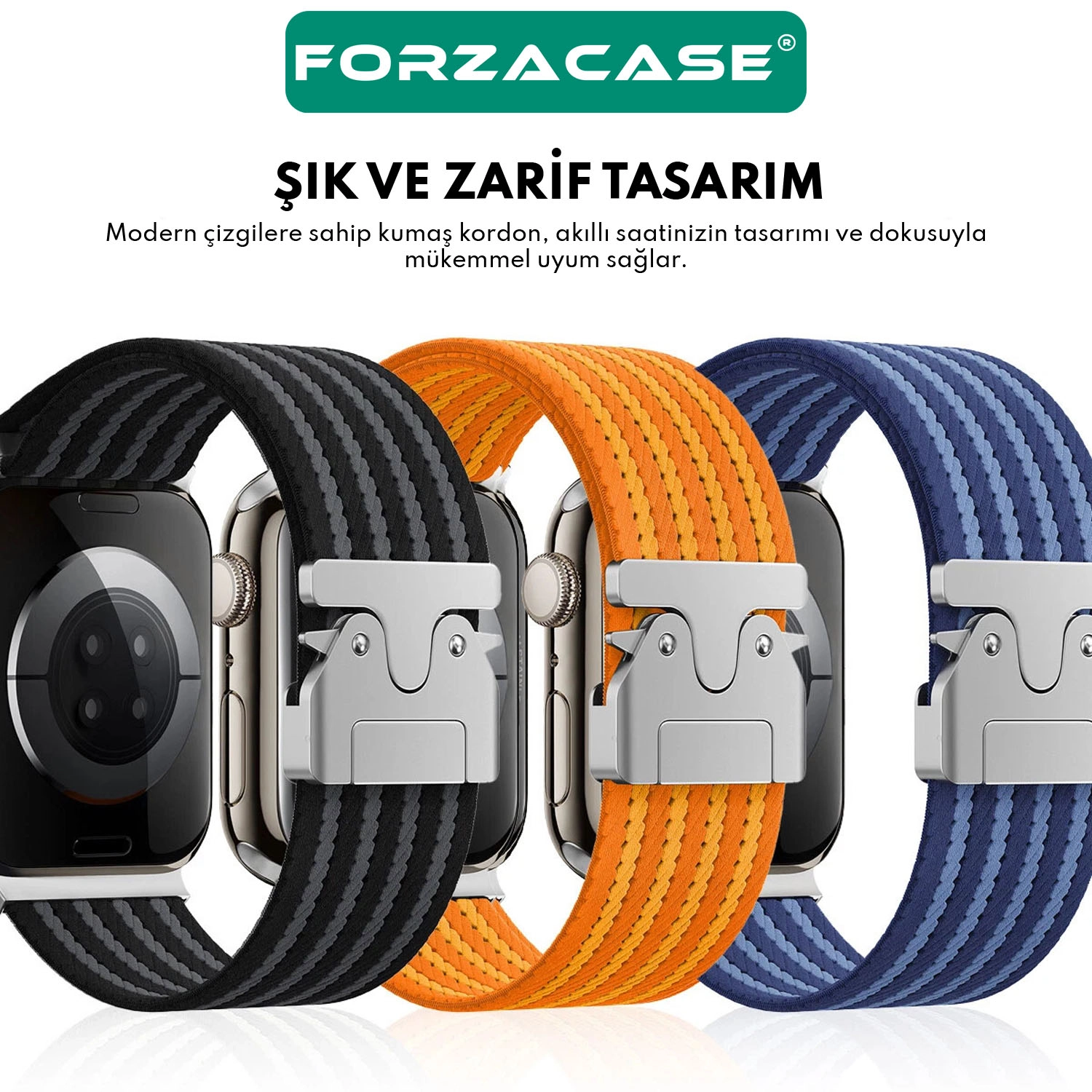 Forzacase Apple Watch Ultra 3 49mm ile uyumlu Mekanik Tokalı Çizgili Hasır Örgü Kordon - FC1255
