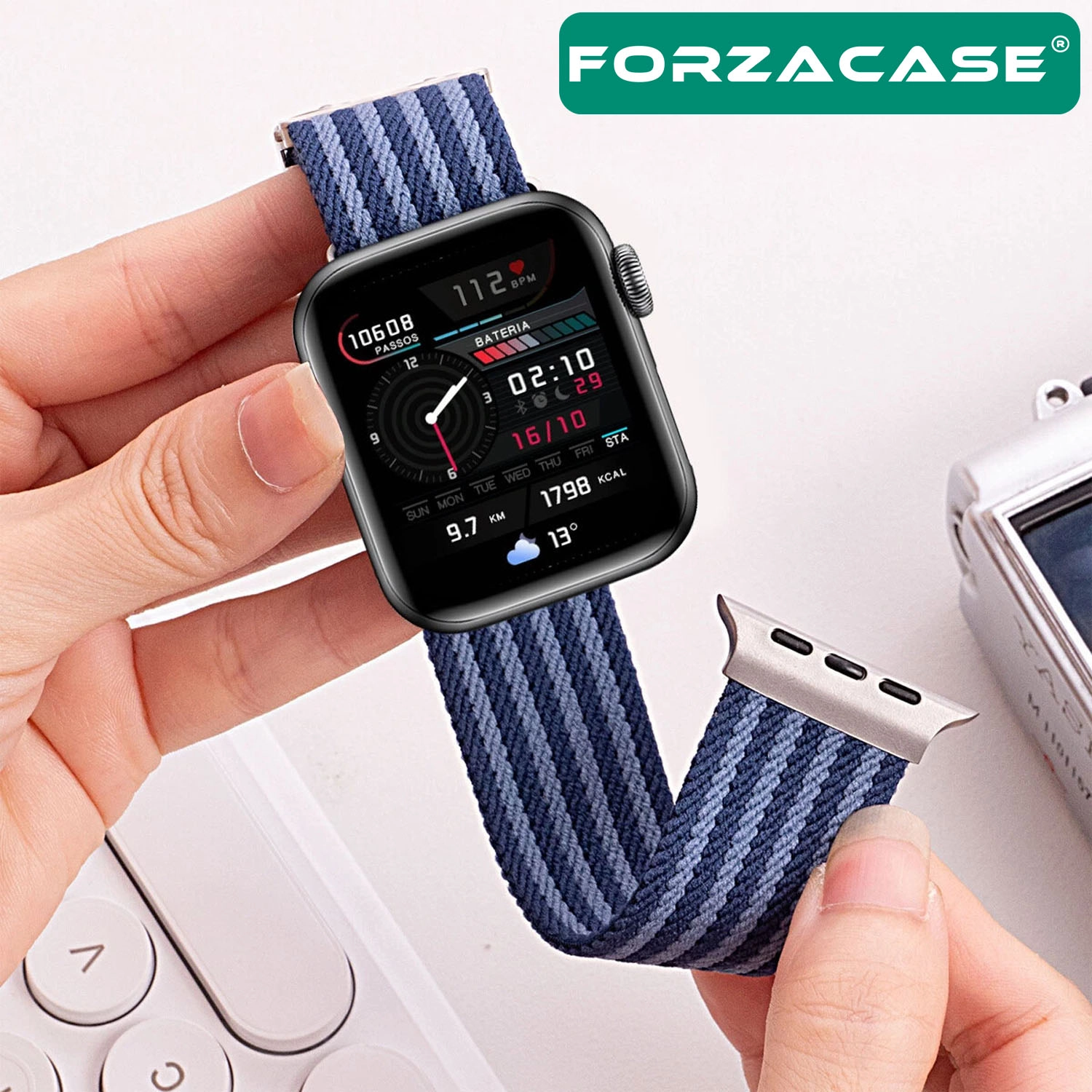Forzacase Apple Watch 9 45mm ile uyumlu Mekanik Tokalı Çizgili Hasır Örgü Kordon - FC1255