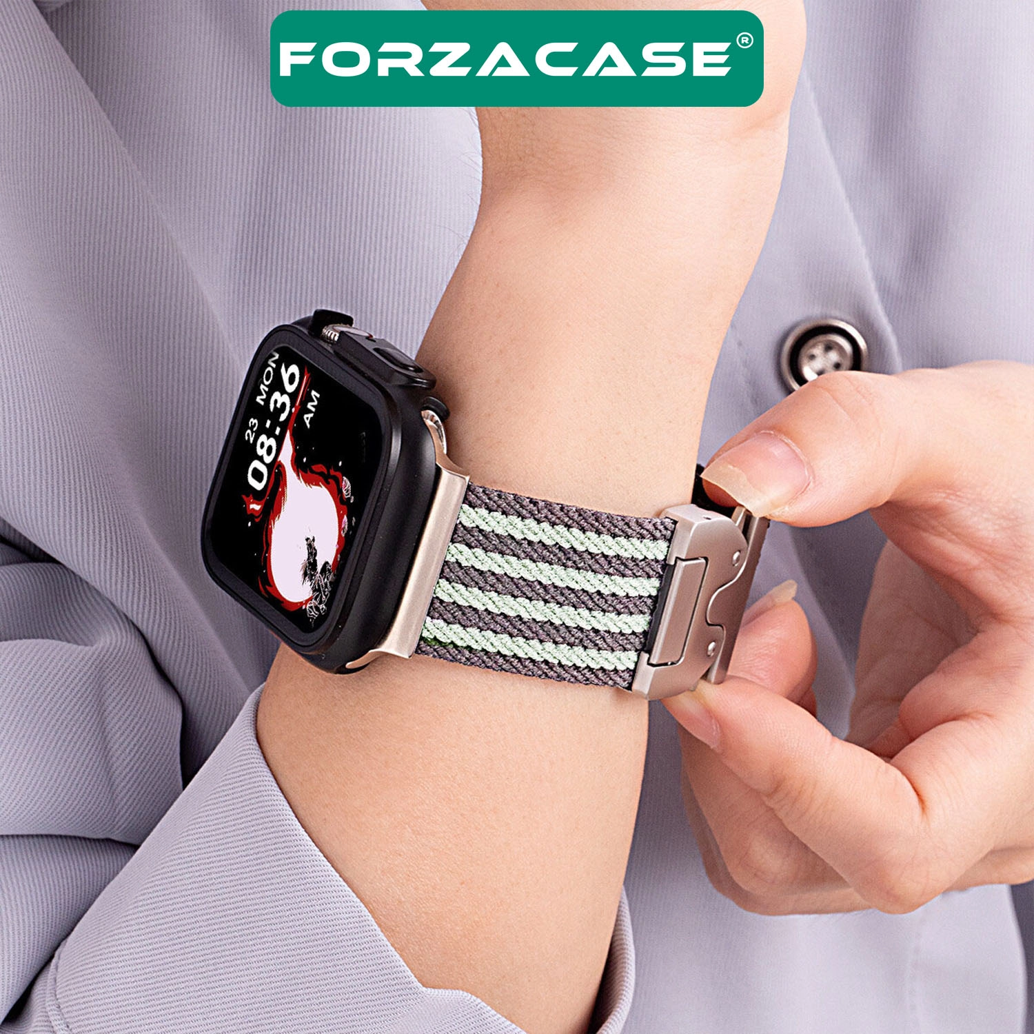 Forzacase Apple Watch 44/45/46/49 mm ile uyumlu Mekanik Tokalı Çizgili Hasır Örgü Kordon - FC1255
