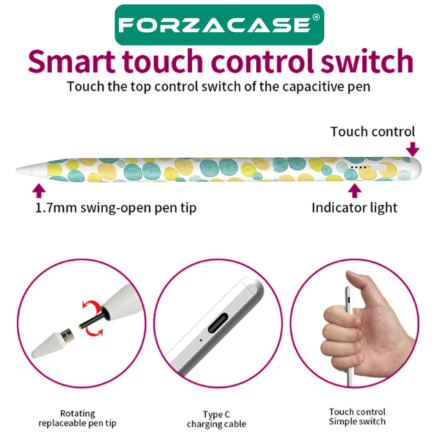 Forzacase Universal Tabletler iOS Android ile uyumlu Manyetik Aktif Stylus Desenli Dokunmatik Kalem - FC1256