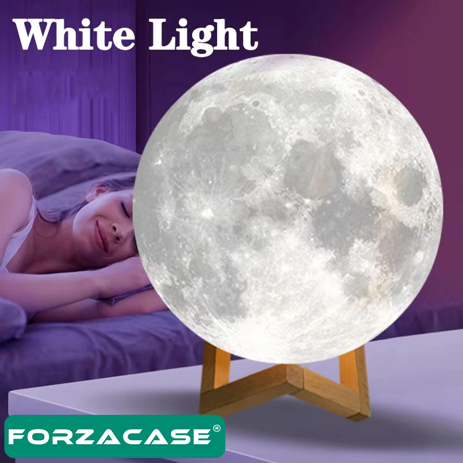 Forzacase Masaüstü Ayaklı 3D Ay Işığı Gece Lambası Beyaz Işıklı Pilli 15 cm - FC188
